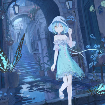 girl, sandals, light blue hair / 輝く翅
