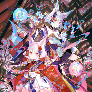 fox ears, kimono dress, white hair / 双狐ノ案内人