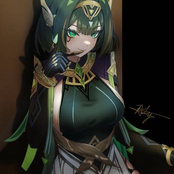 Genshin Impact, green hair, bob cut / Nefer
