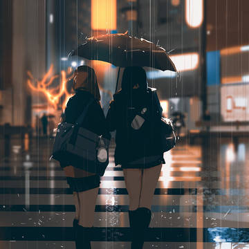 pixel art, scenery, illustration / Rainy weather