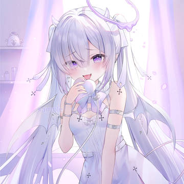 white hair, demon, twin ponytails / 🎂😈🤍ྀི